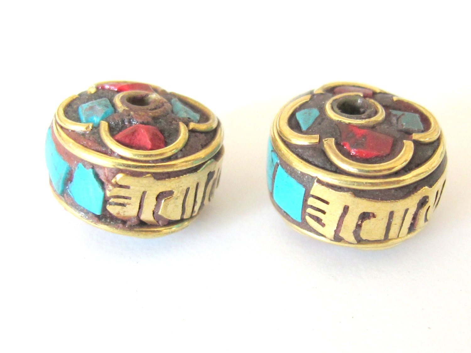 2 Beads - Tibetan beads Om mantra inscribed brass bead with turquoise inlay -Nepal beads supplies - BD390