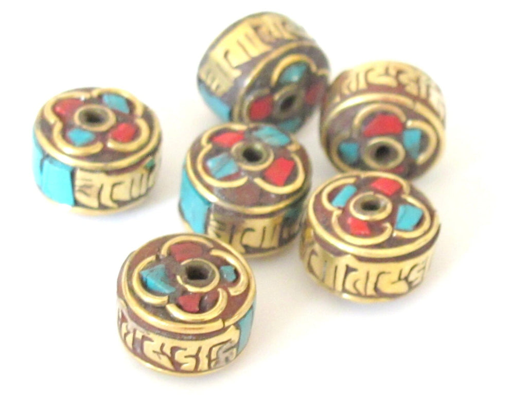 2 Beads - Tibetan beads Om mantra inscribed brass bead with turquoise inlay -Nepal beads supplies - BD390