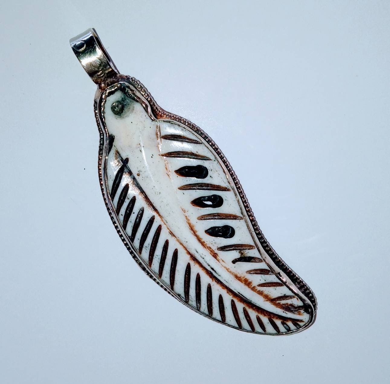 Carved leaf feather shape recycled cattle bone pendant- PB009ZA