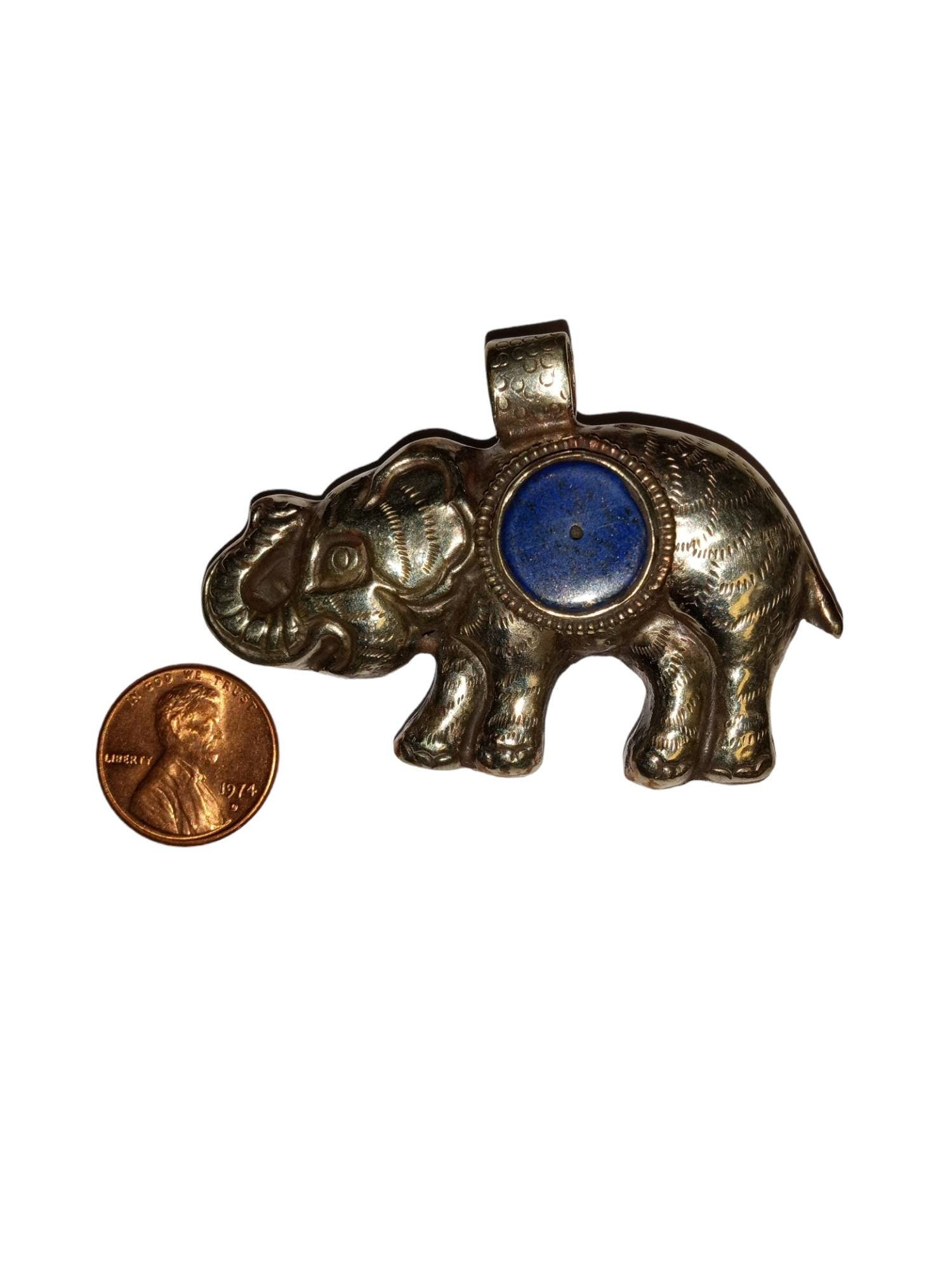 Large SIze Tibetan silver plated Elephant pendant with Lapis inlay - PM150BF