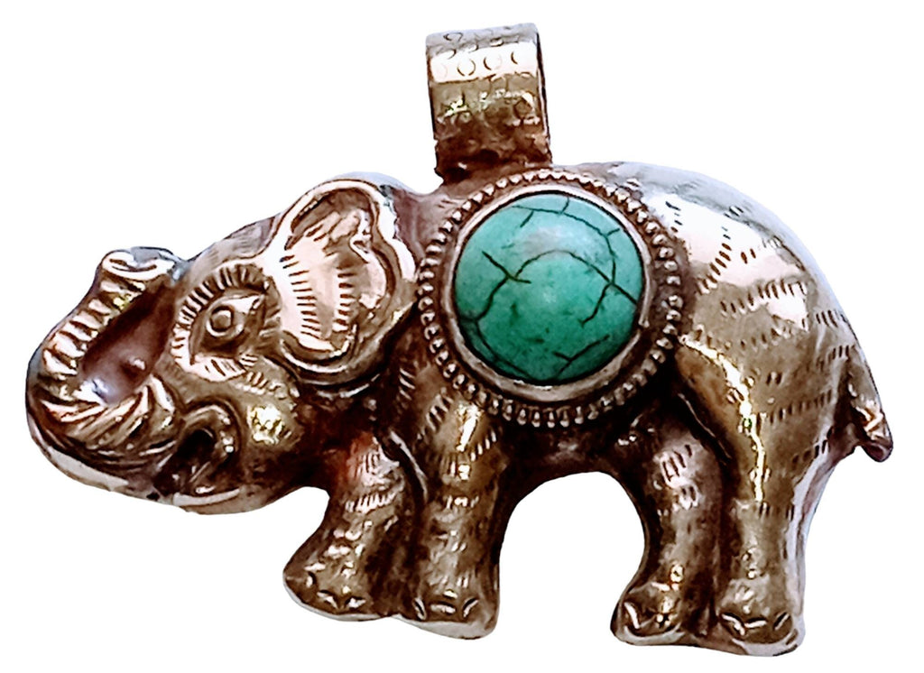 Large SIze Tibetan silver plated Elephant pendant with Turquoise inlay - PM150BD