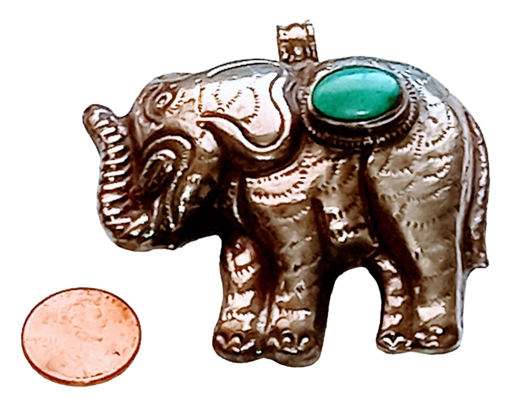 Large SIze Tibetan silver plated Elephant pendant with Turquoise inlay - PM150BA