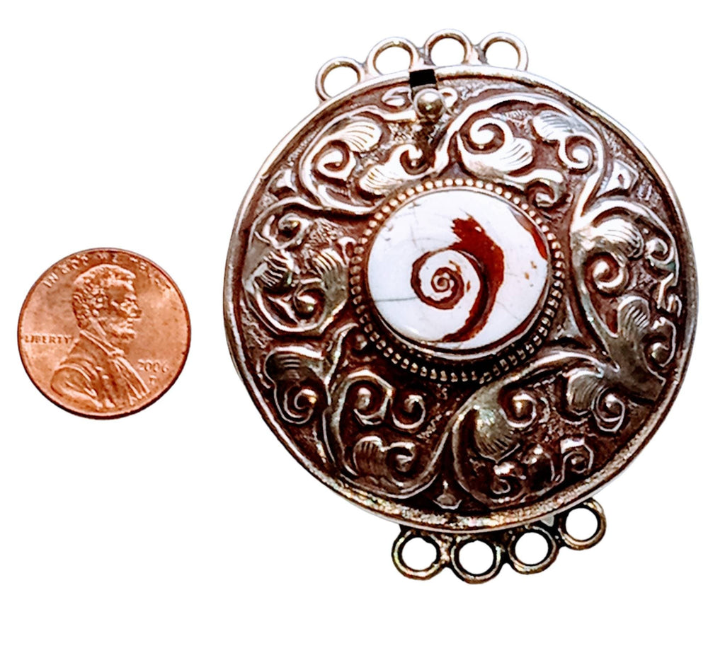 1 clasp - Large ethnic Tibetan silver shell inlaid statement clasp pendant from Nepal - LN033