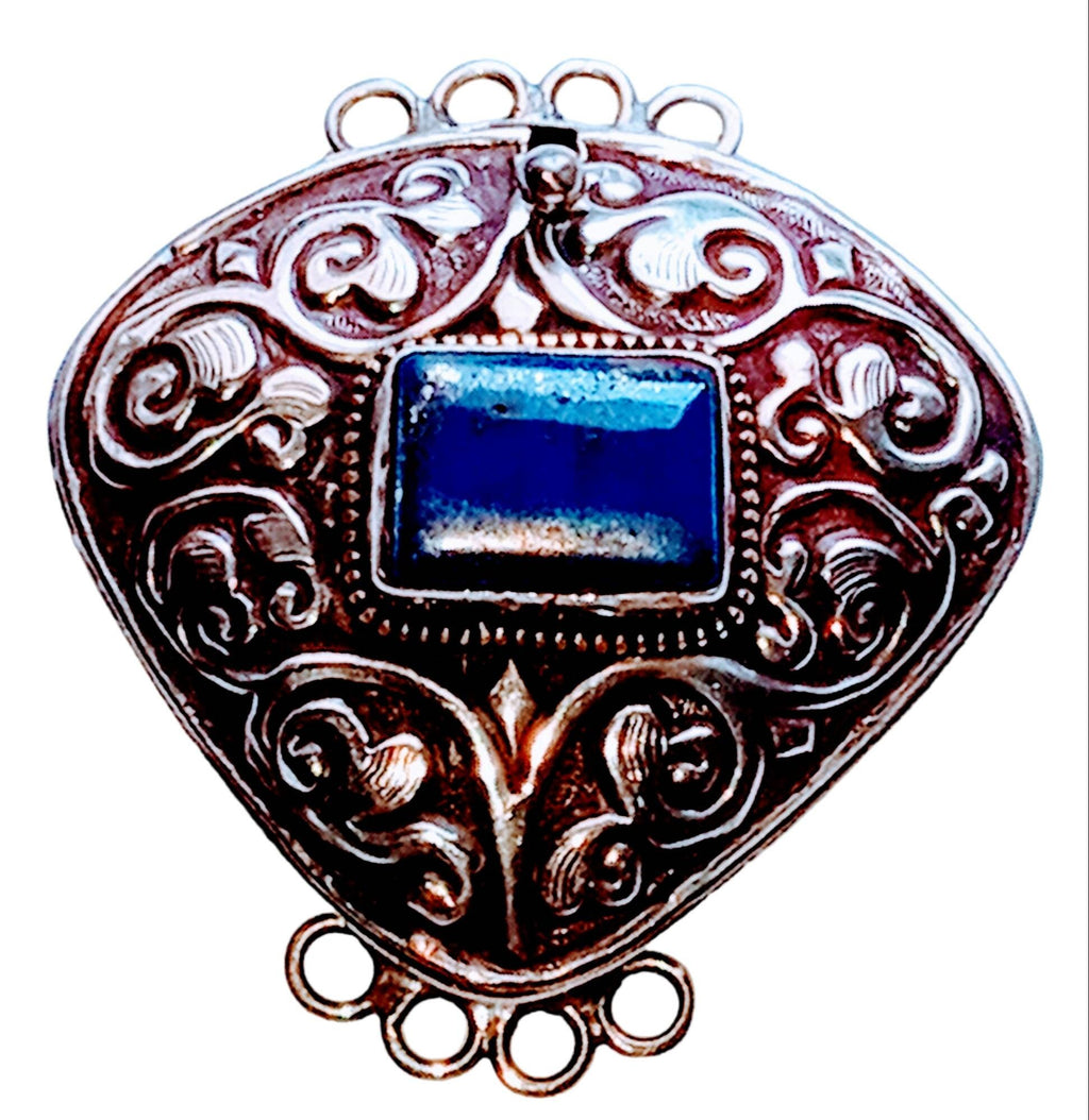 1 clasp - Large ethnic Tibetan silver Lapis inlaid statement clasp pendant from Nepal - LN033C