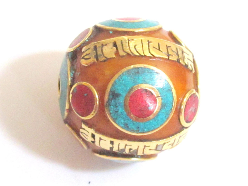 Large 30 mm size Oval shape Tibetan Om mantra honey copal resin bead - 1 Bead - BD378