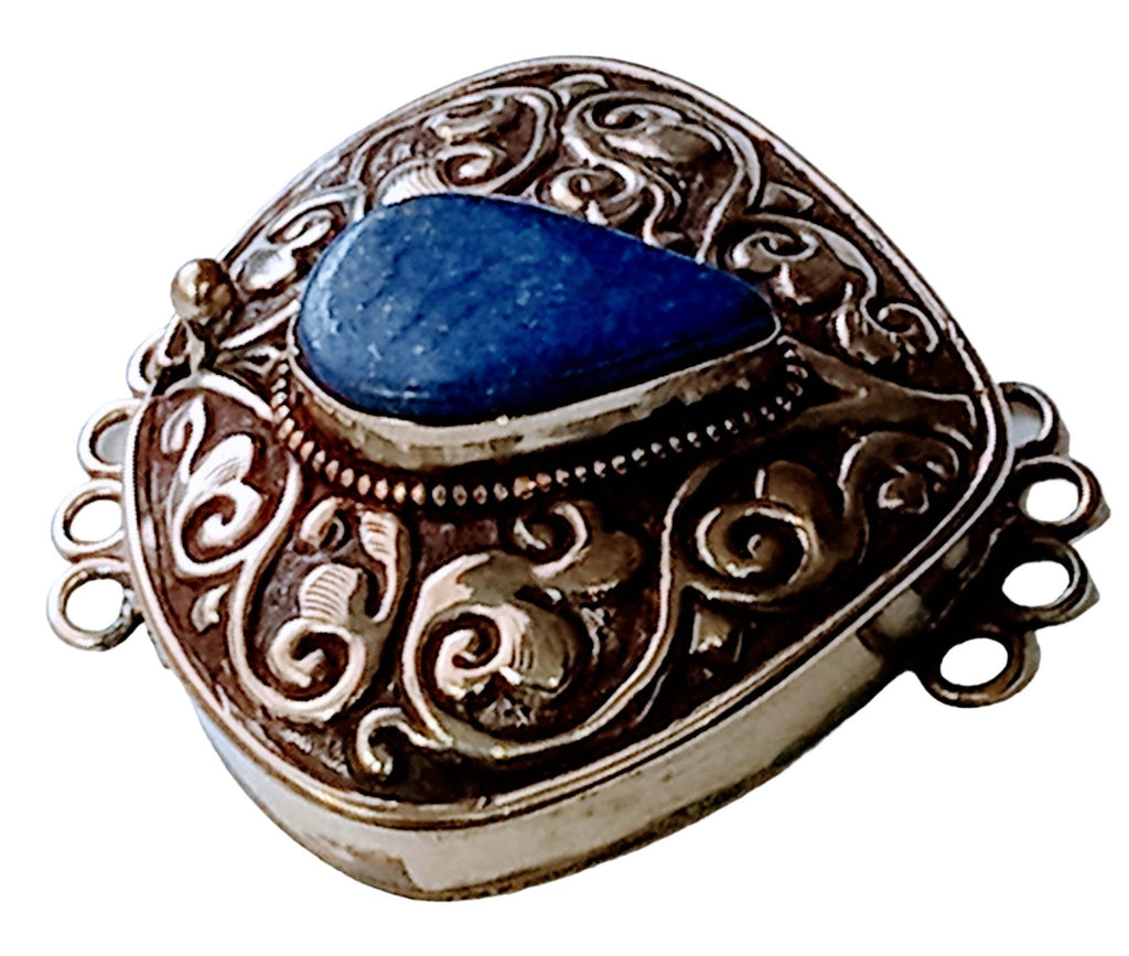 1 clasp - Large ethnic Tibetan silver Lapis inlaid statement clasp pendant from Nepal - LN033D