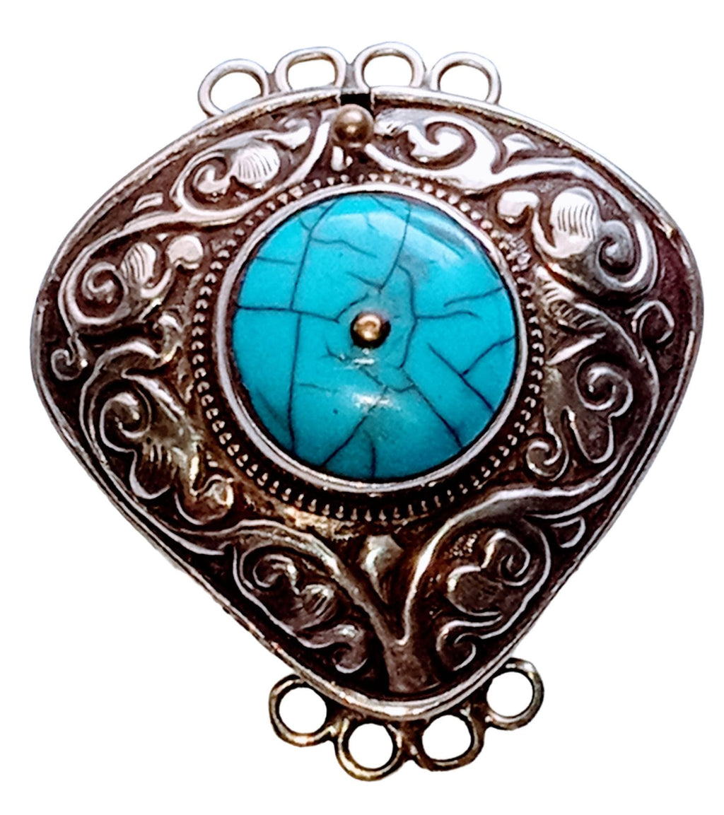 1 clasp - Large ethnic Tibetan silver turquoise gemstone inlaid statement clasp pendant from Nepal - LN033G
