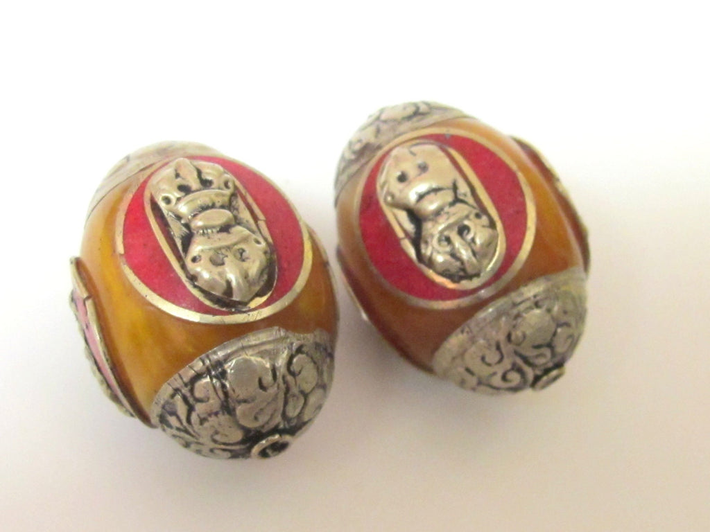 1 bead -Tibetan honey copal resin capped beads with tibetan dorje vajra symbol and inlay- BD398
