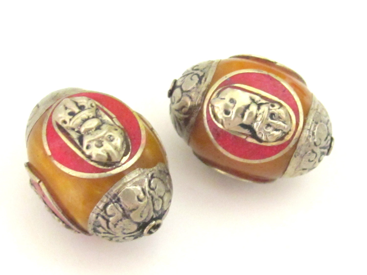 1 bead -Tibetan honey copal resin capped beads with tibetan dorje vajra symbol and inlay- BD398