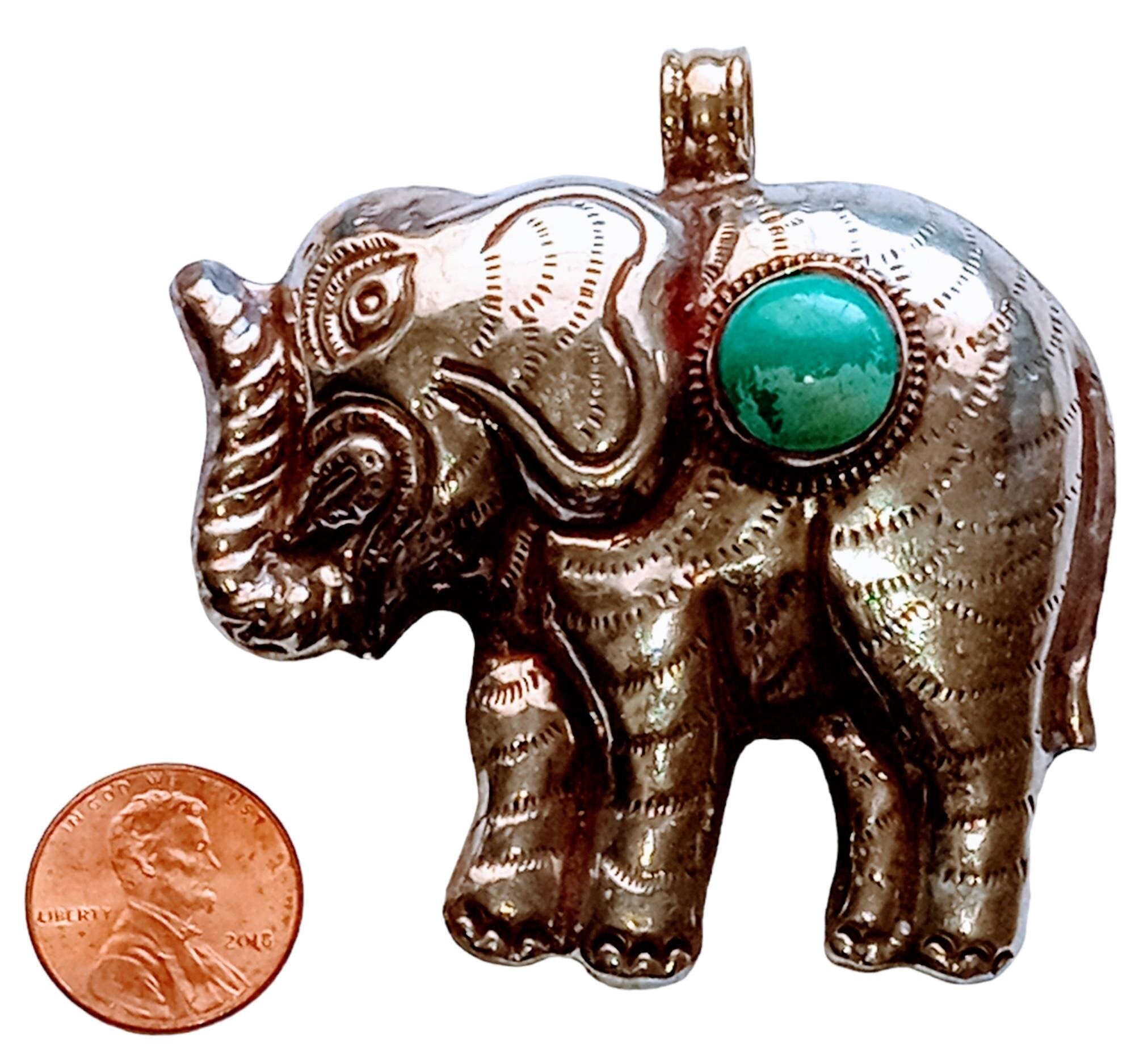 Large SIze Tibetan silver plated Elephant pendant with Turquoise inlay - PM150BC