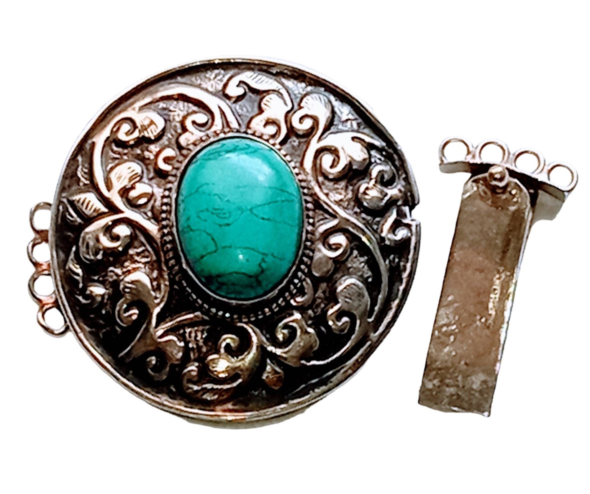 1 clasp - Large ethnic Tibetan silver turquoise gemstone inlaid statement clasp pendant from Nepal - LN032A