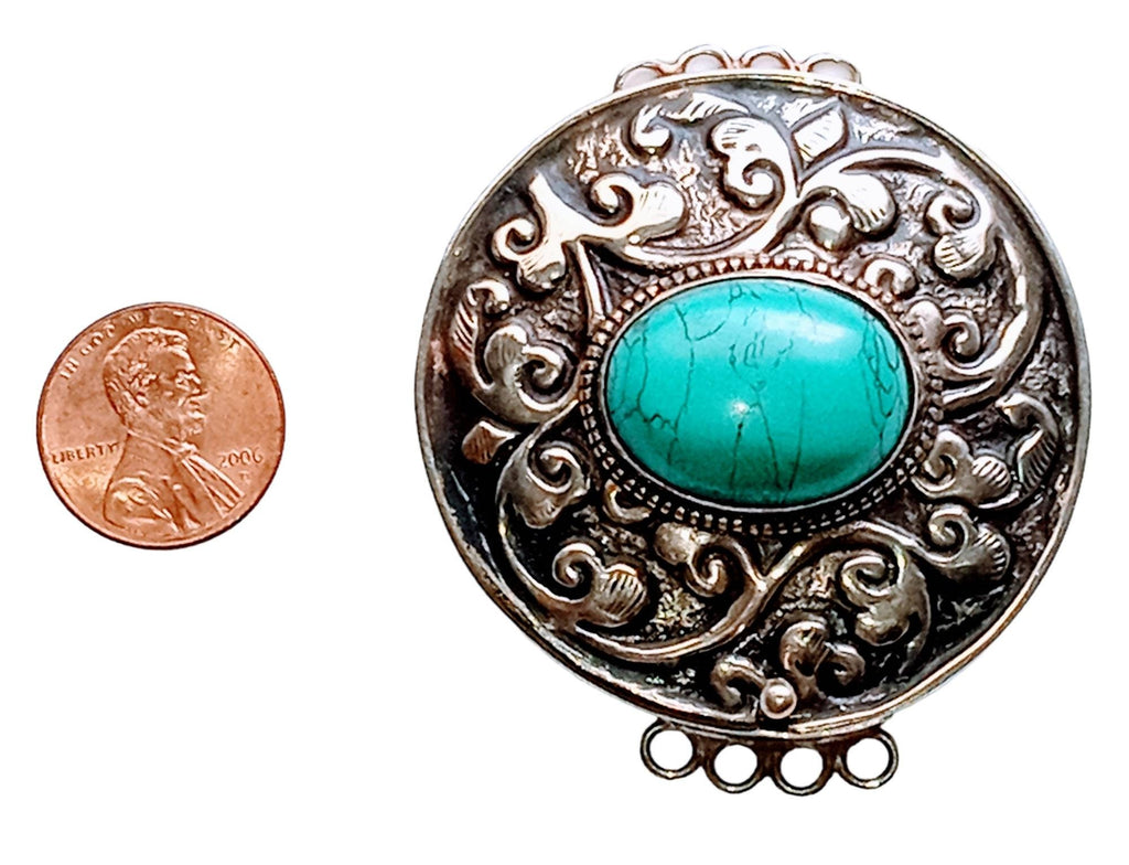 1 clasp - Large ethnic Tibetan silver turquoise gemstone inlaid statement clasp pendant from Nepal - LN032A