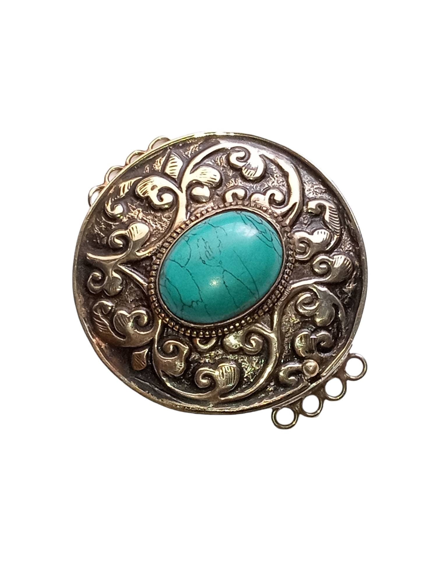1 clasp - Large ethnic Tibetan silver turquoise gemstone inlaid statement clasp pendant from Nepal - LN032A
