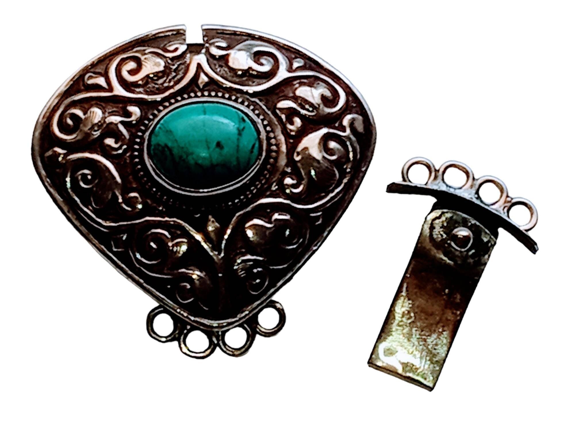 1 clasp - Large ethnic Tibetan silver turquoise gemstone inlaid statement clasp pendant from Nepal - LN032B