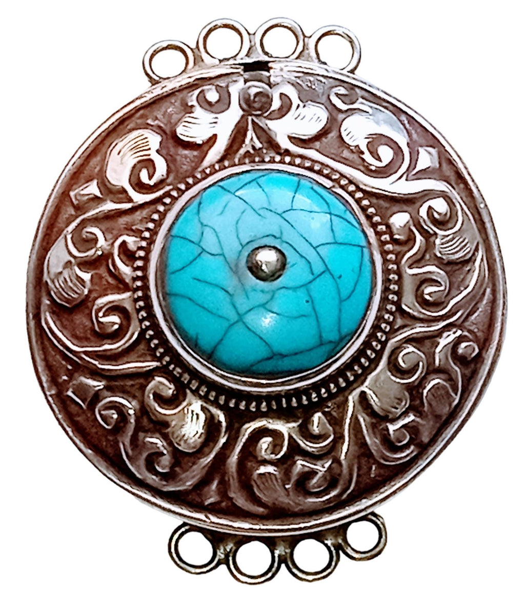 1 clasp - Large ethnic Tibetan silver turquoise gemstone inlaid statement clasp pendant from Nepal - LN032C