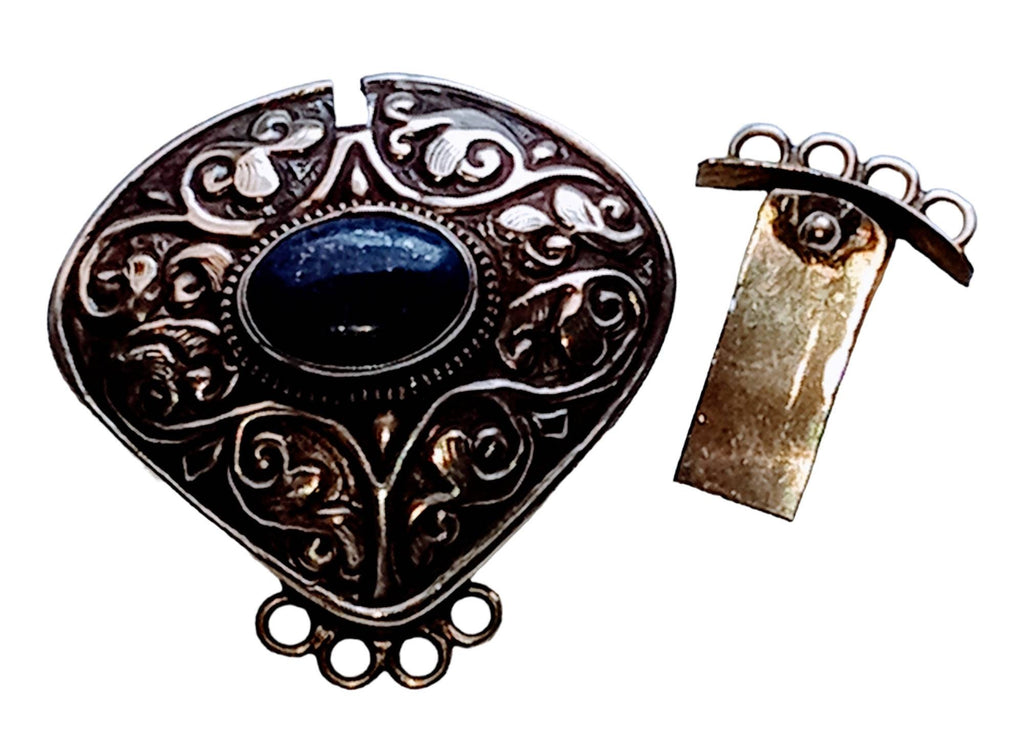1 clasp - Large ethnic Tibetan silver Lapis inlaid statement clasp pendant from Nepal - LN033B