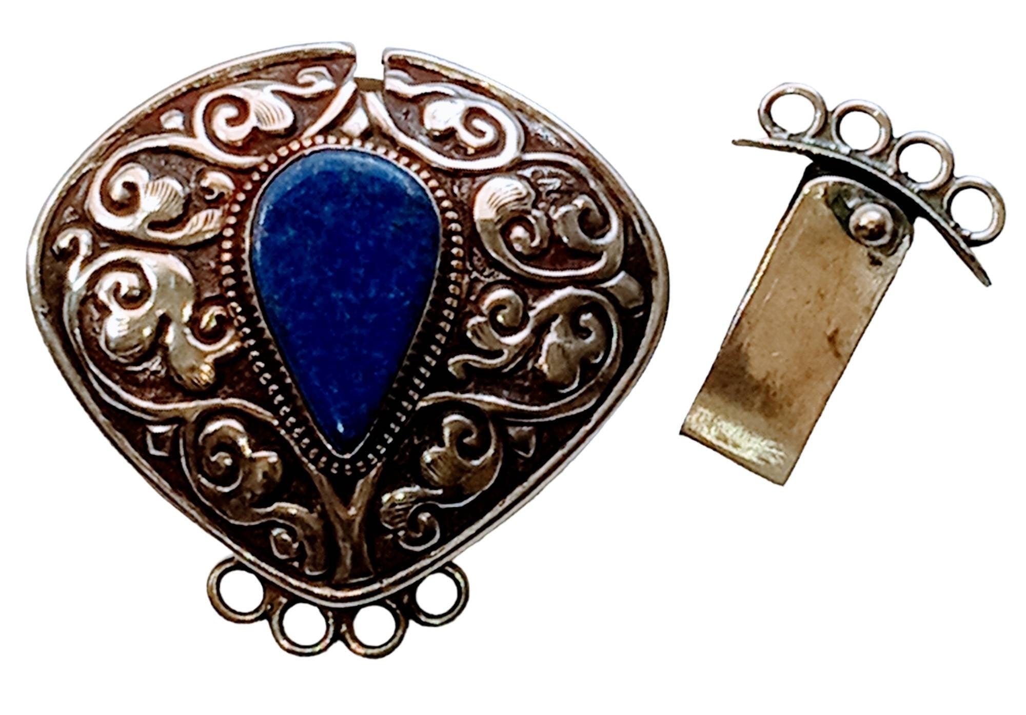 1 clasp - Large ethnic Tibetan silver Lapis inlaid statement clasp pendant from Nepal - LN033D