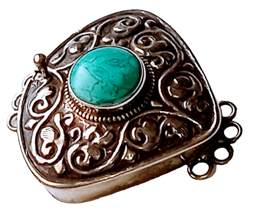 1 clasp - Large ethnic Tibetan silver turquoise gemstone inlaid statement clasp pendant from Nepal - LN033E