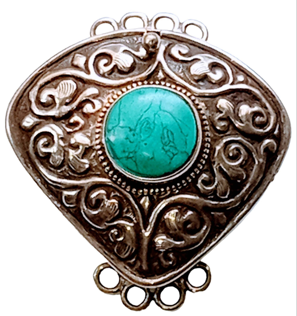 1 clasp - Large ethnic Tibetan silver turquoise gemstone inlaid statement clasp pendant from Nepal - LN033E