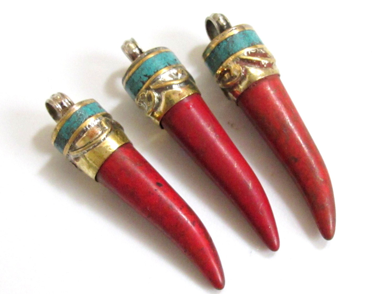 Tibetan Red Chili Tooth Horn Shape Pendant with Turquoise Inlay| Himalayan Tribal Boho Jewelry | Ethnic Statement Pendant PM123
