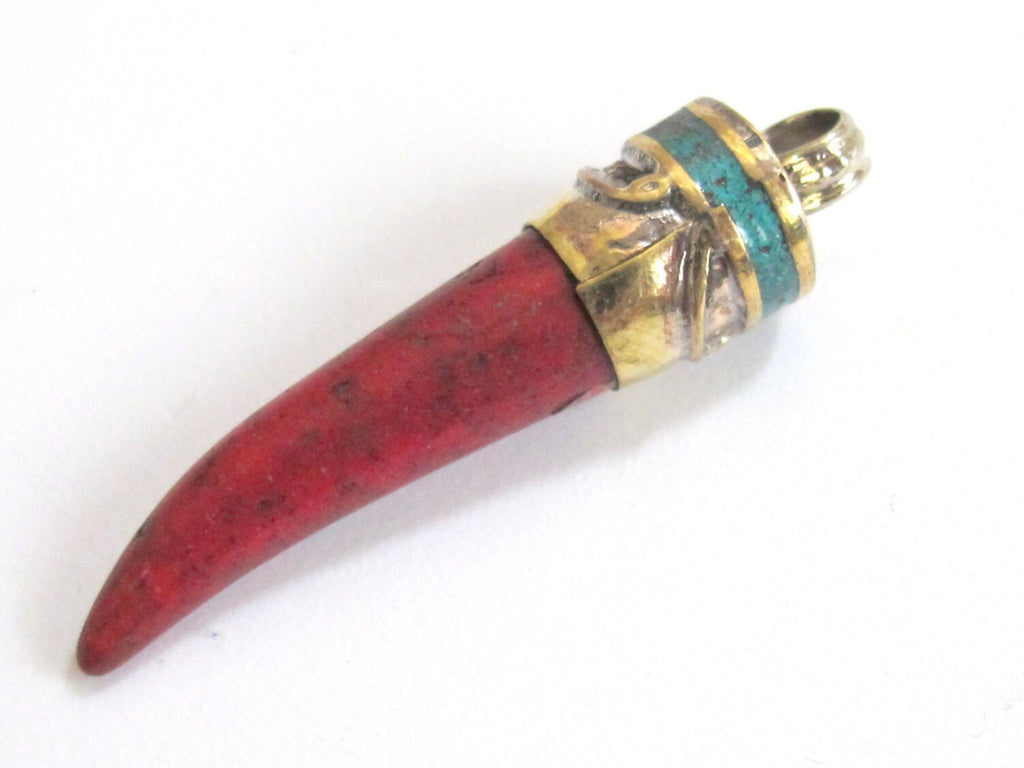 Tibetan Red Chili Tooth Horn Shape Pendant with Turquoise Inlay| Himalayan Tribal Boho Jewelry | Ethnic Statement Pendant PM123