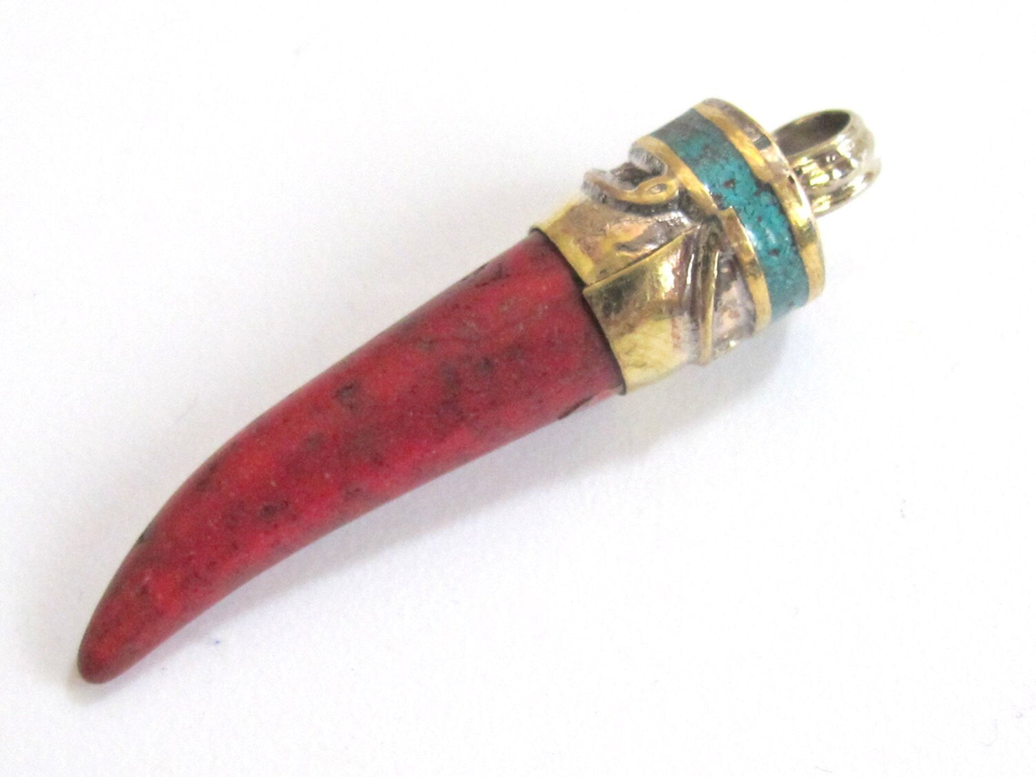 Tibetan Red Chili Tooth Horn Shape Pendant with Turquoise Inlay| Himalayan Tribal Boho Jewelry | Ethnic Statement Pendant PM123