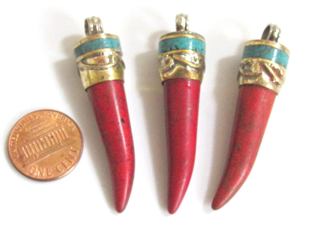 Tibetan Red Chili Tooth Horn Shape Pendant with Turquoise Inlay| Himalayan Tribal Boho Jewelry | Ethnic Statement Pendant PM123