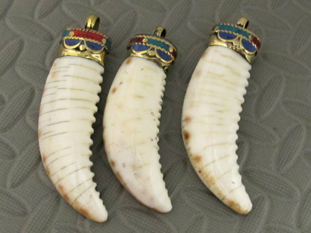Tibetan cowrie shell shape tribal pendant with turquoise coral lapis inlay - 1 pendant - SP013