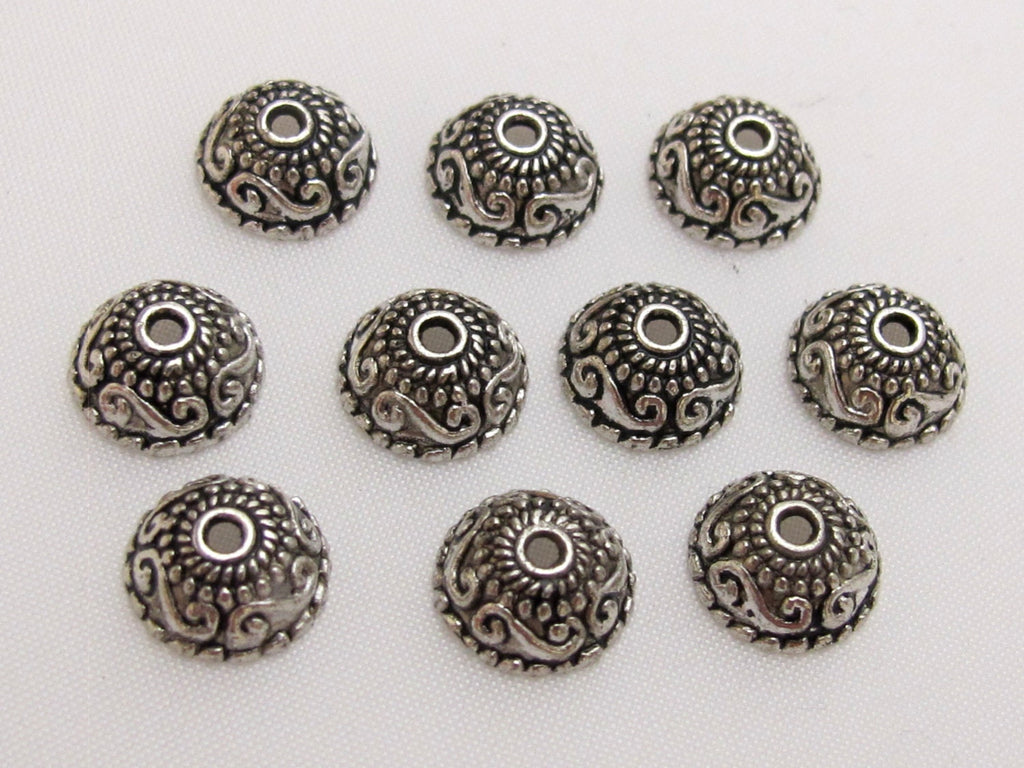 Tibetan floral design silver color bead cap 10 mm size - 10 pieces - BD406