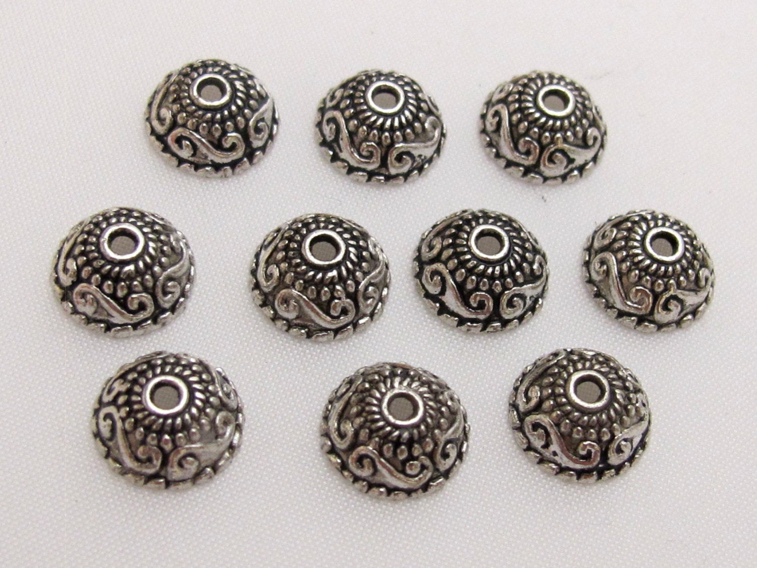 Tibetan floral design silver color bead cap 10 mm size - 10 pieces - BD406