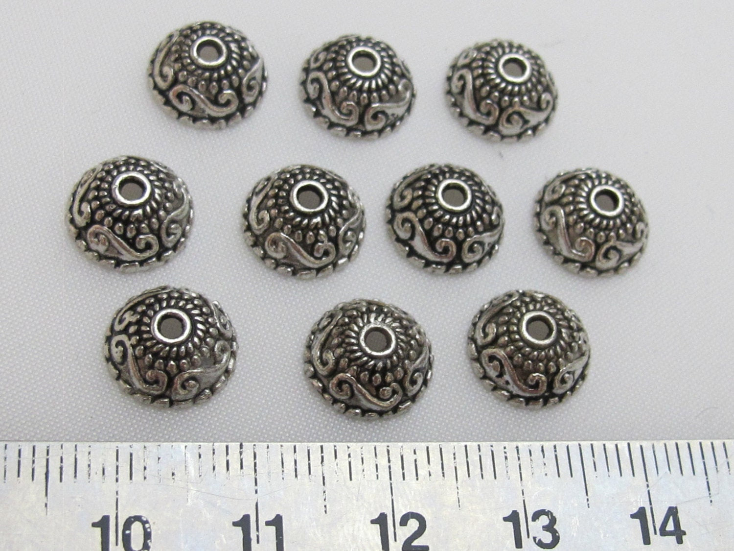 Tibetan floral design silver color bead cap 10 mm size - 10 pieces - BD406
