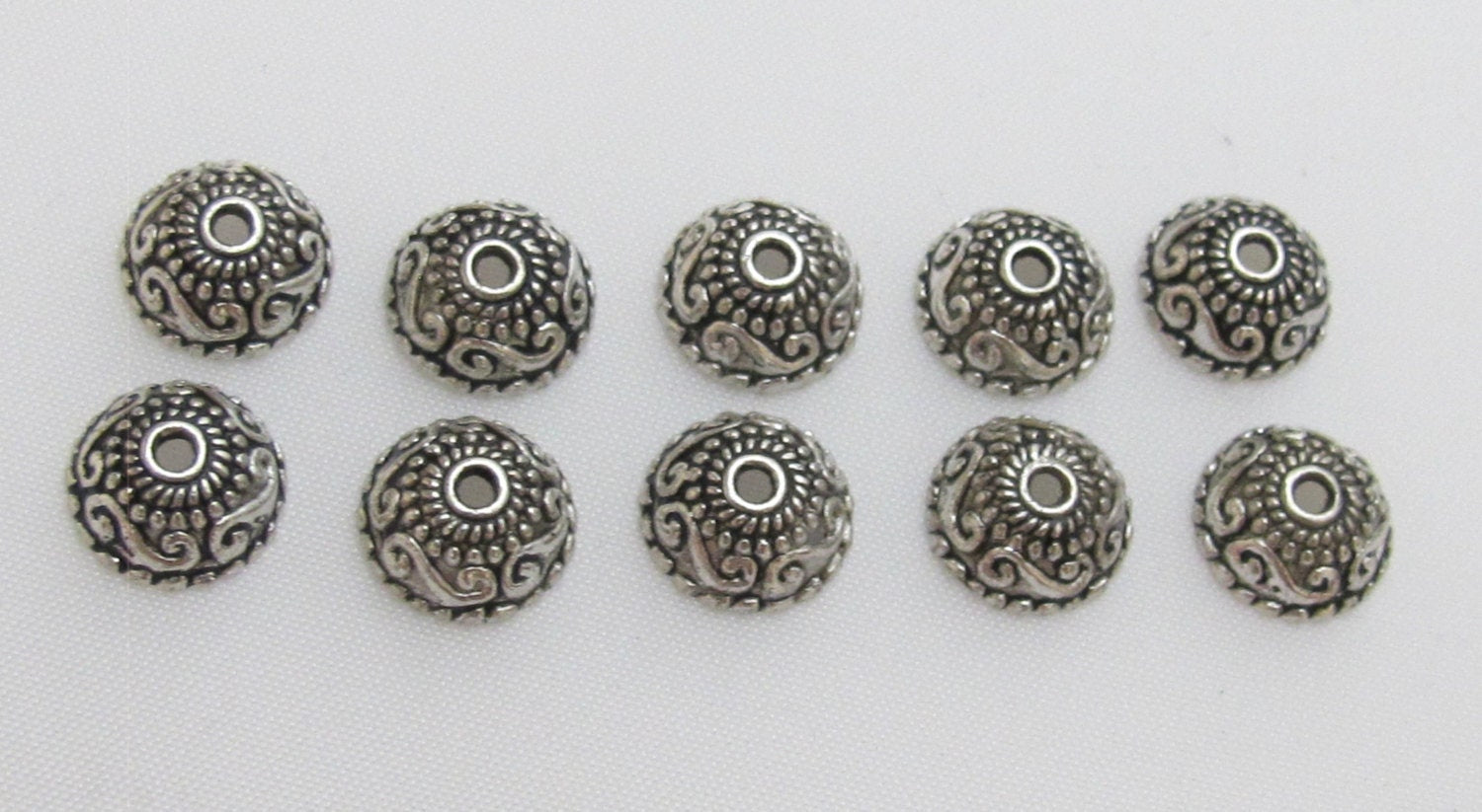 Tibetan floral design silver color bead cap 10 mm size - 10 pieces - BD406