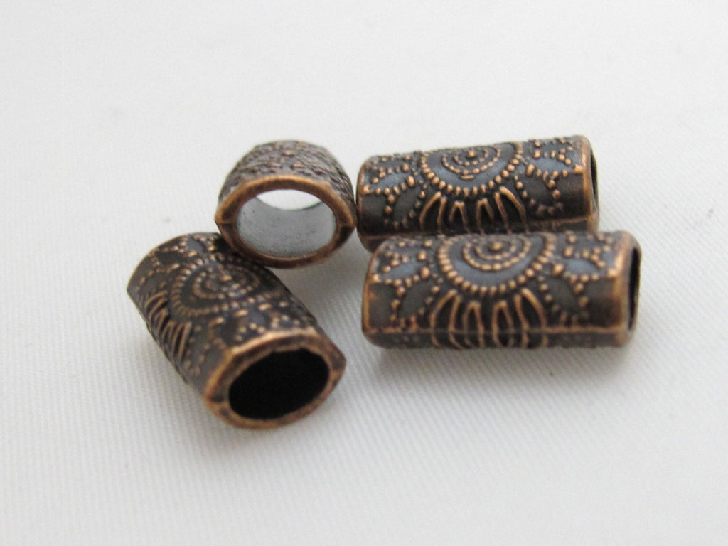 8 Beads-Copper tone sun floral design large hole convex cylinder shape metal beads - BD410