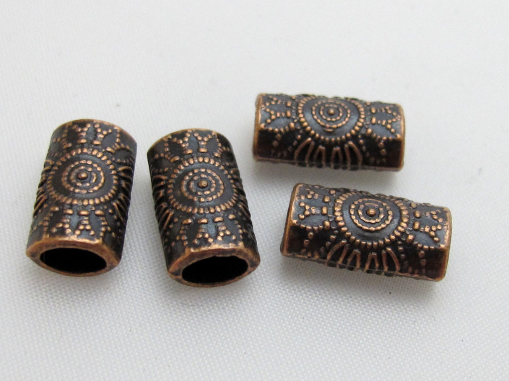 8 Beads-Copper tone sun floral design large hole convex cylinder shape metal beads - BD410