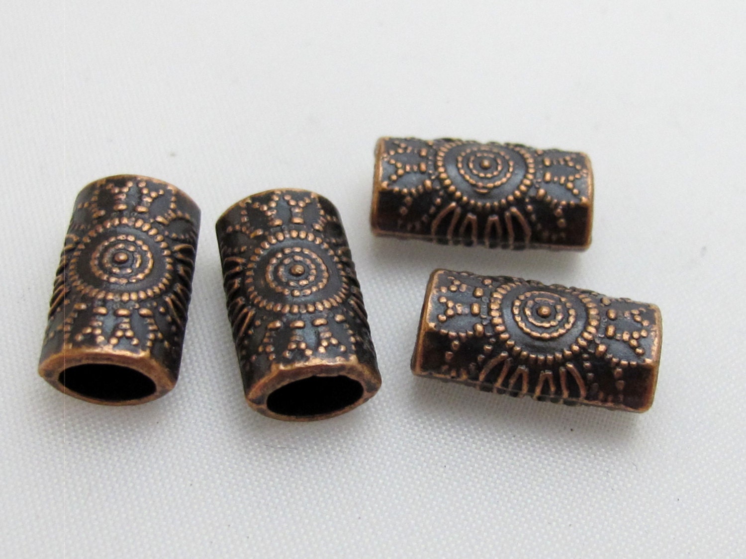 8 Beads-Copper tone sun floral design large hole convex cylinder shape metal beads - BD410