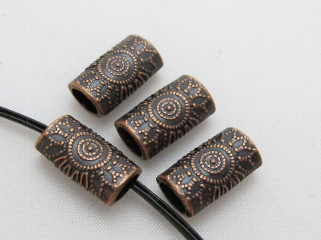 8 Beads-Copper tone sun floral design large hole convex cylinder shape metal beads - BD410