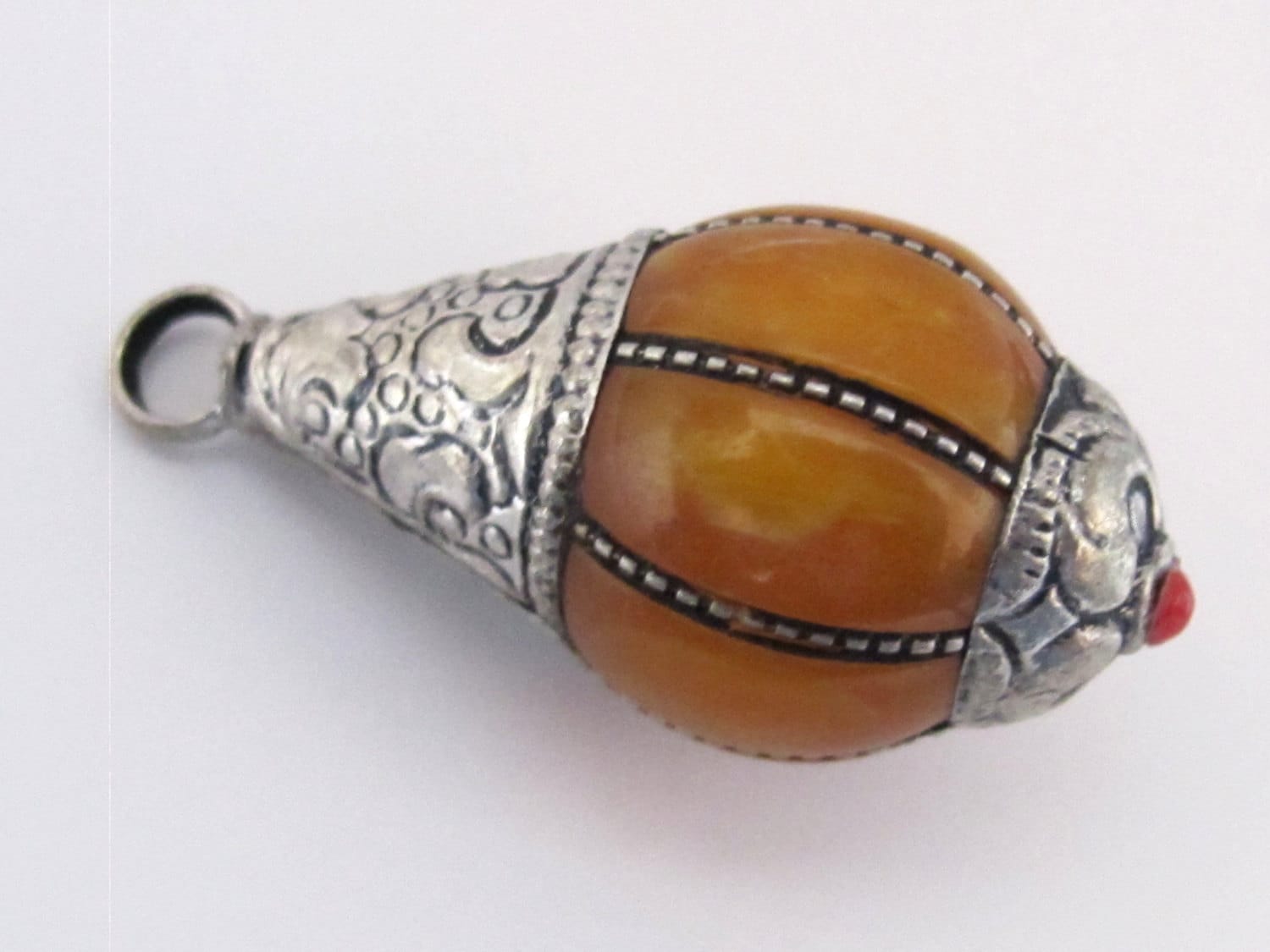 Medium Teardrop shape Tibetan antiqued silver finish capped copal resin pendant nepal jewelry making - 1 pendant - PM135
