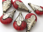 Teardrop shape Tibetan antiqued silver finish capped red crackle resin pendant Nepal - 1 pendant - PM134A