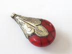 Teardrop shape Tibetan antiqued silver finish capped red crackle resin pendant Nepal - 1 pendant - PM134A
