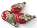 Teardrop shape Tibetan antiqued silver finish capped red crackle resin pendant Nepal - 1 pendant - PM134A