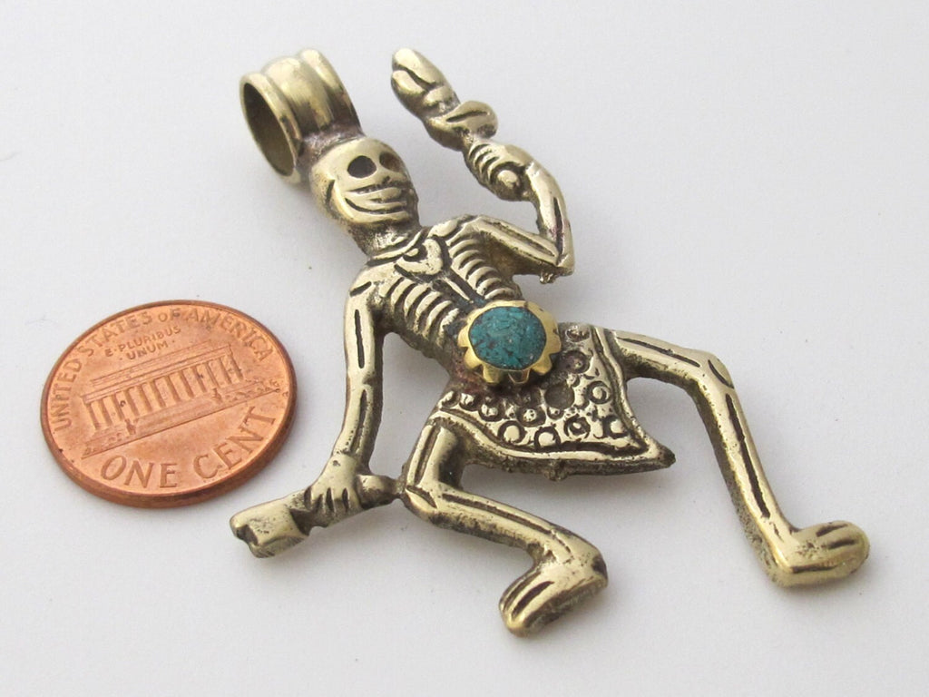 Tibetan antiqued silver finish Skeleton Pendant | Turquoise Inlay Gothic Tribal Charm | Nepal Pendant PM139
