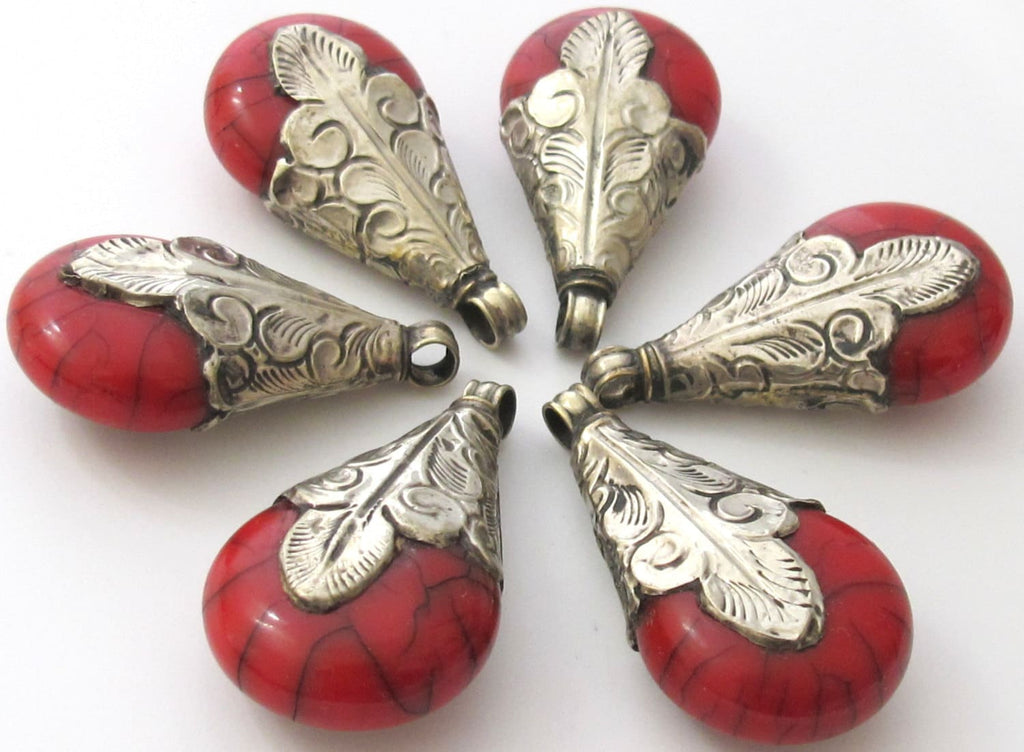 Teardrop shape Tibetan antiqued silver finish capped red crackle resin pendant Nepal - 1 pendant - PM134A