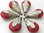 Teardrop shape Tibetan antiqued silver finish capped red crackle resin pendant Nepal - 1 pendant - PM134A