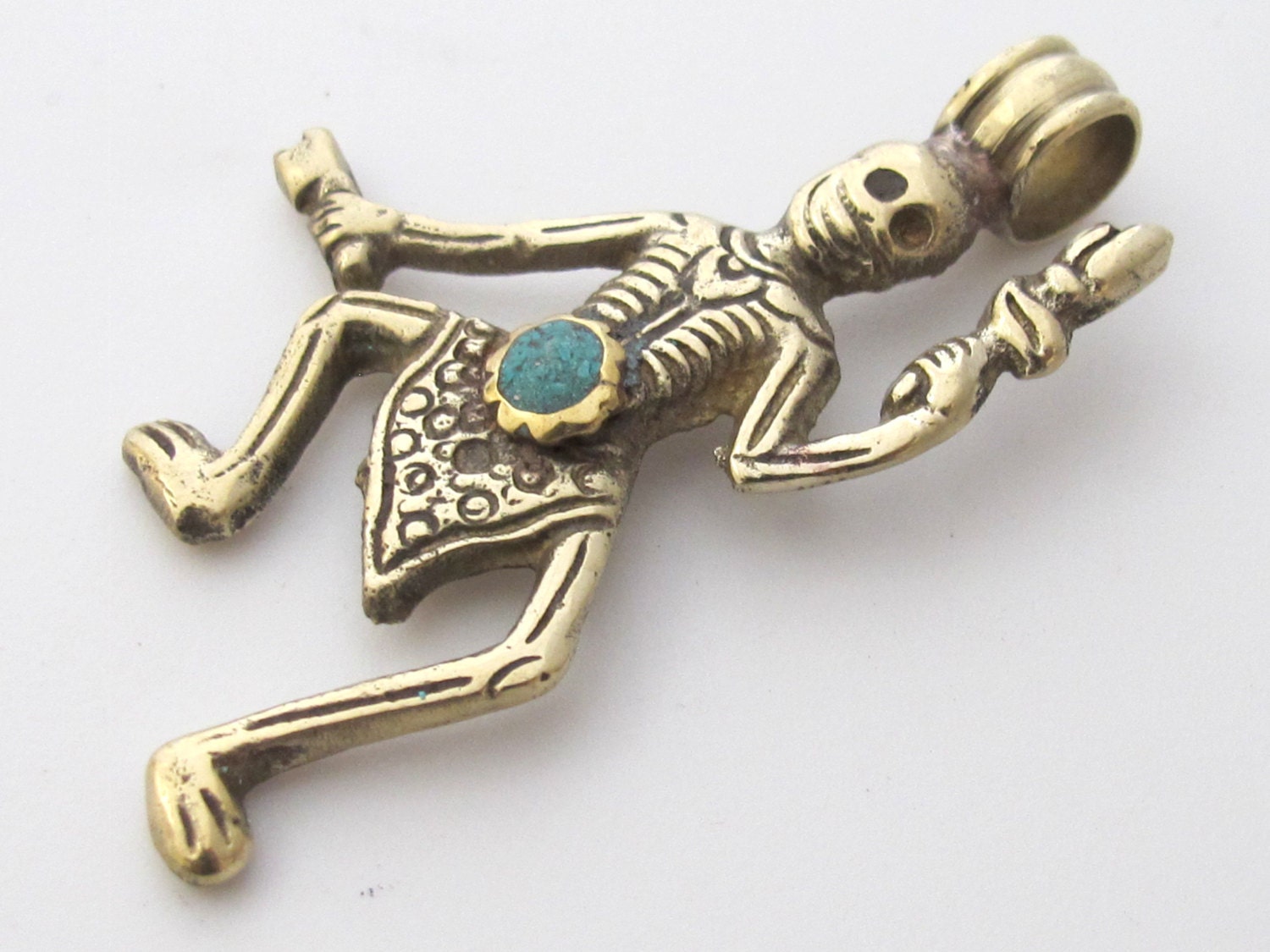 Tibetan antiqued silver finish Skeleton Pendant | Turquoise Inlay Gothic Tribal Charm | Nepal Pendant PM139