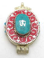 Large Size Tibetan Ghau prayer box Om pendant with turquoise coral inlay - PM143C