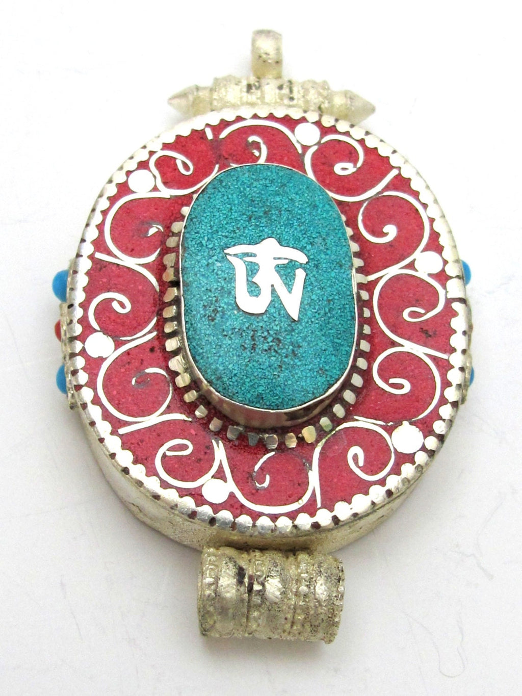Large Size Tibetan Ghau prayer box Om pendant with turquoise coral inlay - PM143C