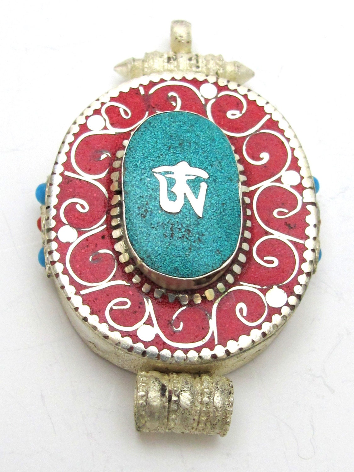 Large Size Tibetan Ghau prayer box Om pendant with turquoise coral inlay - PM143C