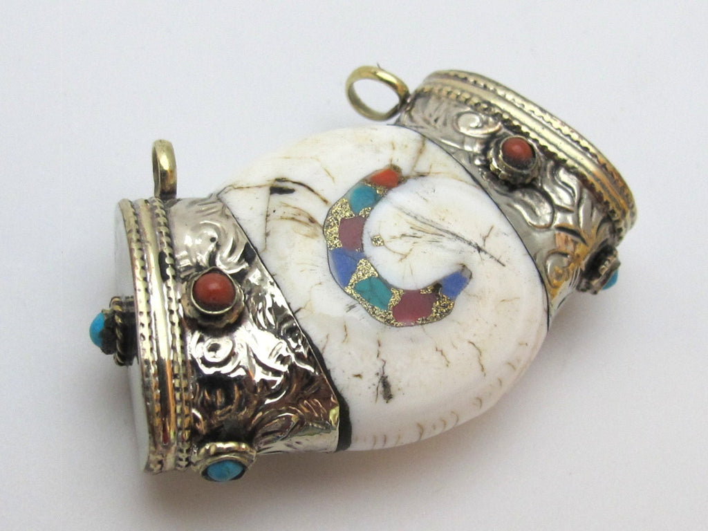 Tibetan silver capped ethnic naga conch shell double bail pendant with turquoise coral inlay - SP017