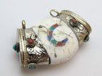 Tibetan silver capped ethnic naga conch shell double bail pendant with turquoise coral inlay - SP017