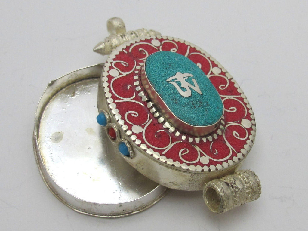 Large Size Tibetan Ghau prayer box Om pendant with turquoise coral inlay - PM143C